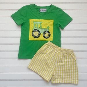 Boys Gingham Embroidered Appliqué Tractor Shirt & Elastic Shorts Set